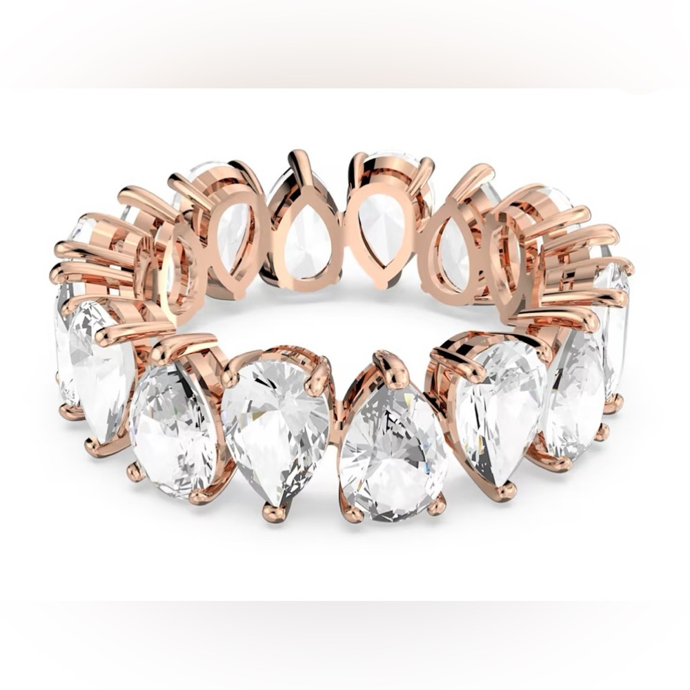 Swarovski Rose Gold Vittore Ring, Drop Cut, Clear Stones, 7/55, New, Swan Signed